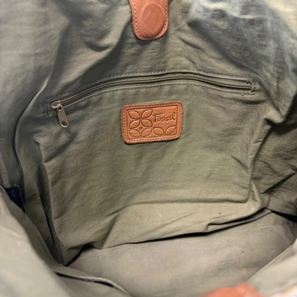 Fossil Canvas Shoulder‎ Bag Paisley Floral Print Leather Trim Zipper Taupe Green - Picture 7 of 8